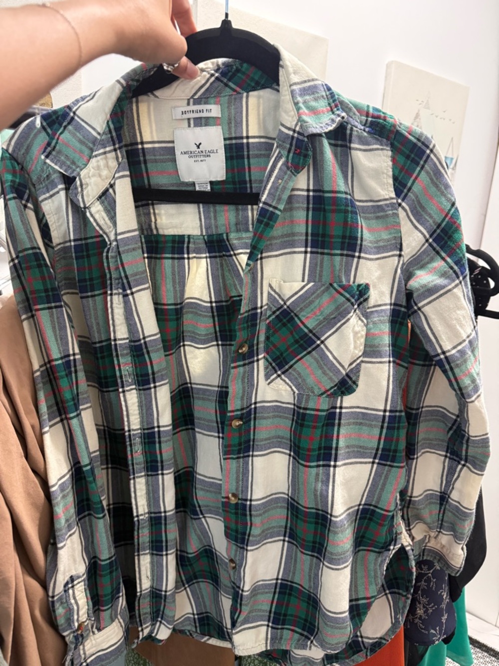 American Eagle Outfitters 100% Cotton Green and White Plaid Flannel Shirt